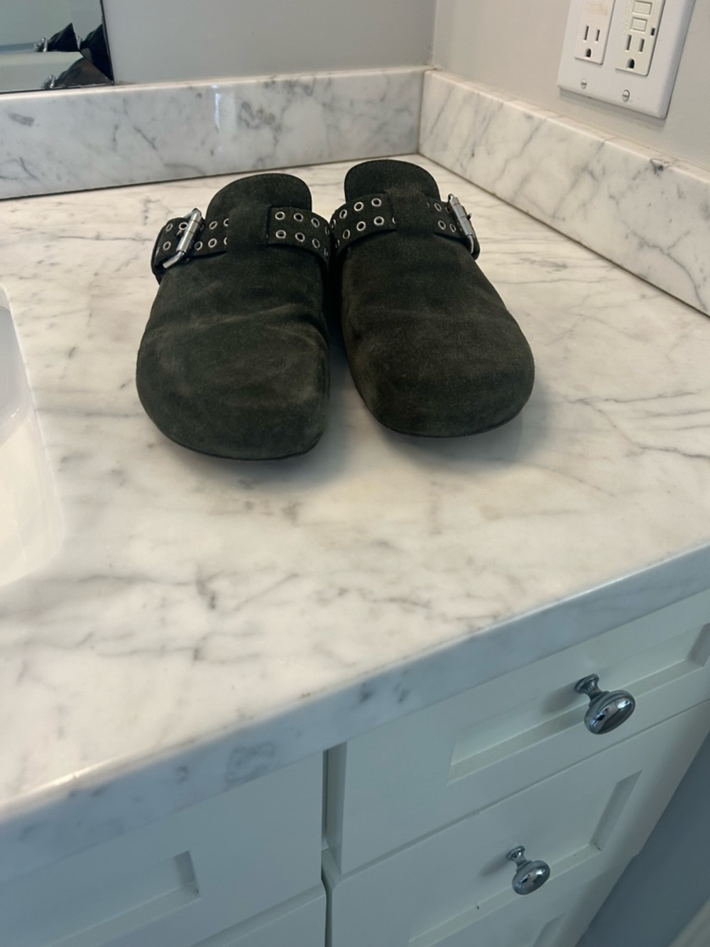 Isabel Marant Olive Green Suede Buckle Mules